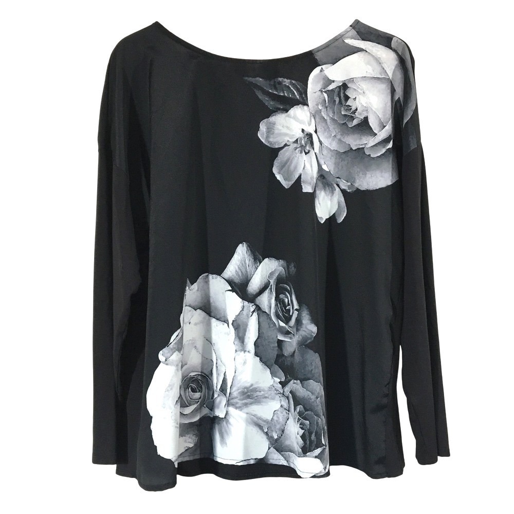 Chico's Floral Mixed Media Long Sleeve Top 3 XL Black Gray
